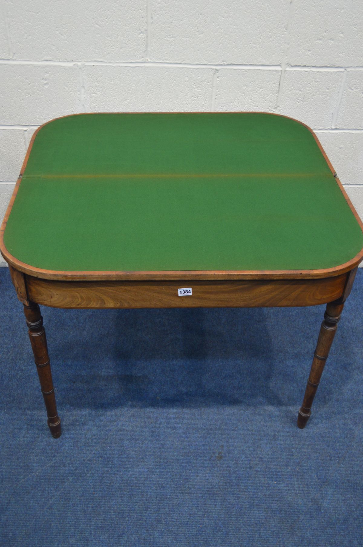 A GEORGIAN MAHOGANY CARD TABLE, the fold over top with a green baize lining, on turned legs, width - Image 4 of 6