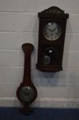 A VICTORIAN MAHOGANY WHEEL BAROMETER (missing thermometer) along with an oak wall clock (2)