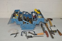 A METAL CANTILEVER TOOLBOX CONTAINING TOOLS including a Moore and Wright Micrometer, a Damaged