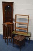 A MODERN MAHOGANY CORNER CUPBOARD, (two keys) along with a mahogany coffee table, mahogany