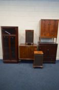 A QUANTITY OF MAHOGANY FURNITURE, to include glazed corner cupboard, hi fi cabinet with two