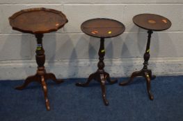 THREE VARIOUS WINE TABLES, including a Burr walnut topped table and an Edwardian mahogany table