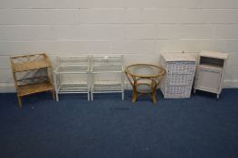 A PAIR OF METAL AND GLASS BEDSIDE TABLES, along with a wicker and glass circular coffee table,