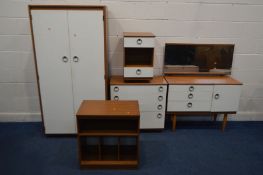 A SCHREIBER TEAK AND WHITE FOUR PIECE BEDROOM SUITE, comprising a double door wardrobe, dressing