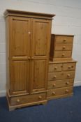 A PINE DOUBLE DOOR WARDROBE, width 89cm x depth 61cm x height 190cm, and a chest of two over three