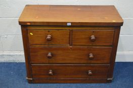 A VICTORIAN WALNUT CHEST OF TWO OVER TWO LONG DRAWERS, width 98cm x depth 44cm x height 76cm (Sd and