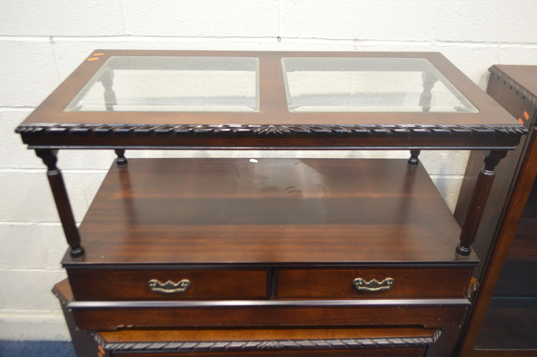 A MODERN MAHOGANY GLAZED DOUBLE DOOR BOOKCASE, along with a corner cupboard and a glass topped - Image 4 of 4