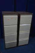 TWO BISLEY METAL FOUR DRAWER FILING CABINETS with individual stop locks, width 47cm x depth 62cm x