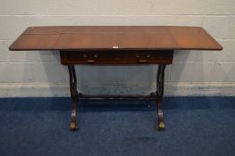 A REPRODUCTION YEWWOOD SOFA TABLE, with two drawers, open length 150cm x closed length 89cm x