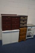 A PAINTED TWO DOOR CABINET, along with a pair of mahogany finish three drawer bedside cabinets, a