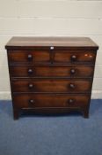 A GEORGIAN MAHOGANY CHEST OF TWO SHORT AND THREE LONG GRADUATED DRAWERS, with turned handles on