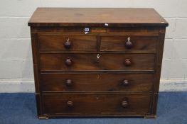 A DISTRESSED GEORGIAN AND INLAID CHEST OF TWO SHORT OVER THREE LONG DRAWERS, with two additional