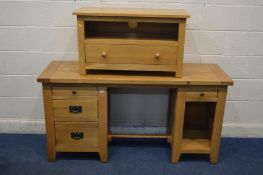 A GOLDEN OAK DESK with four assorted drawers, width 150cm x depth 50cm x height 77cm along with an