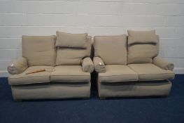 A PAIR OF MULTIYORK OATMEAL UPHOLSTERED TWO SEATER SETTEE'S, with head cushions, width 138cm and a