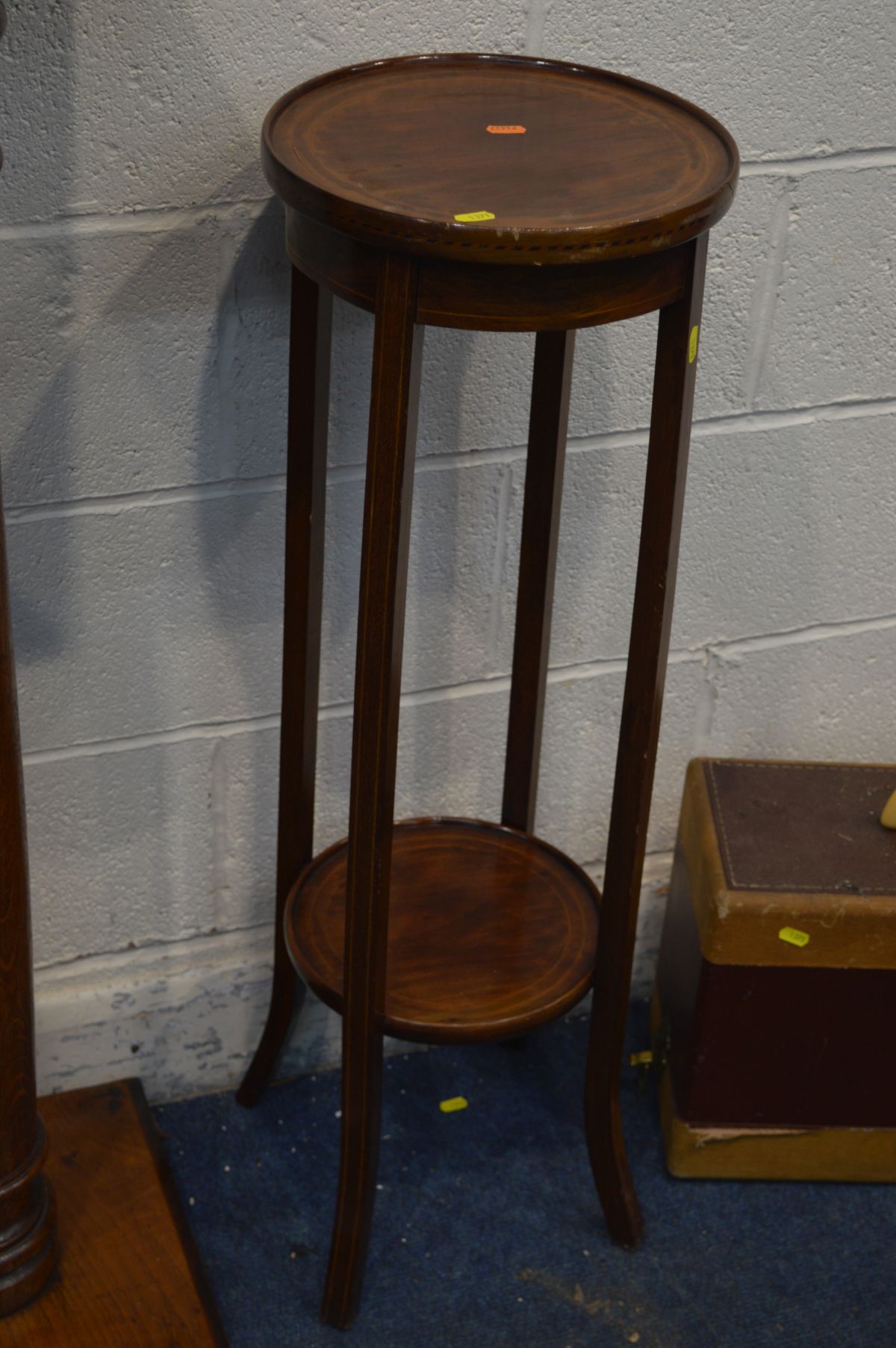 AN OAK TORCHERE STAND on a cylindrical and turned support, height 115cm, another torchere stand, - Image 3 of 4