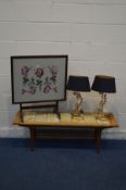 A PAIR OF LAURA ASHLEY DECORATIVE BRASSED TABLE LAMPS with shades, along with a tile topped coffee