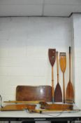 A COLLECTION OF BOATING EQUIPMENT including two pairs of oars one, pair with shaped wooden blades