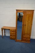 A MODERN PINE TWO DOOR WARDROBE, width 89cm x depth 53cm x height 181cm, a dressing table and a