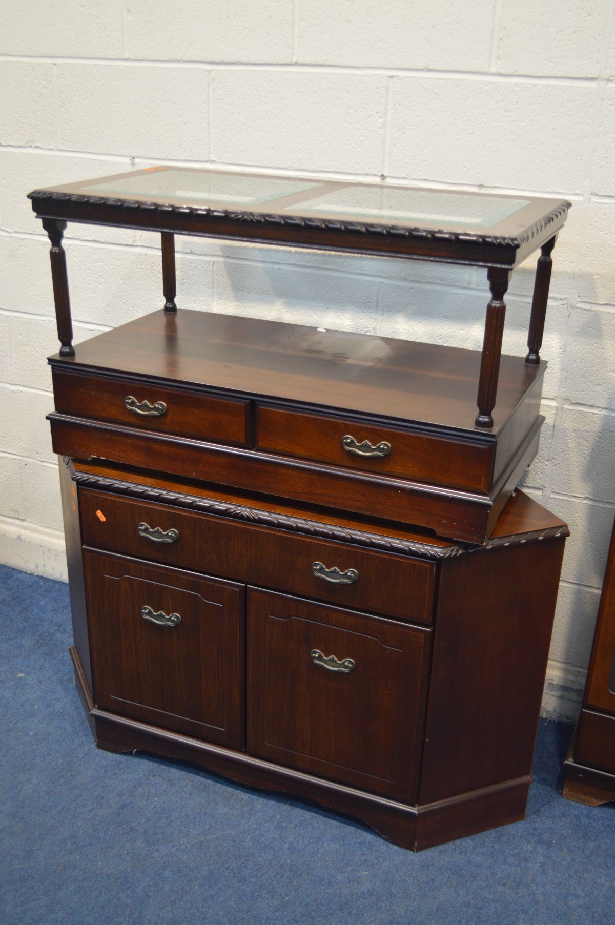 A MODERN MAHOGANY GLAZED DOUBLE DOOR BOOKCASE, along with a corner cupboard and a glass topped - Image 3 of 4