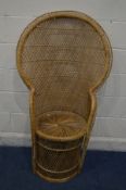 A MID 20TH CENTURY WICKER PEACOCK CHAIR, width 80cm x depth 49cm x height 135cm (Sd)