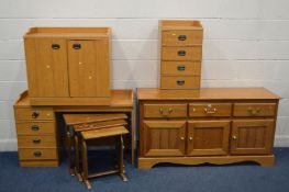 A PINE SIDEBOARD with three drawers, width 147cm x depth 52cm x height 76cm, mahogany nest of