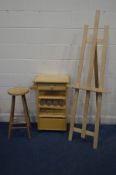 A MODERN BEECH A FRAMED ARTISTS EASEL along with a beech kitchen trolley and a stool (3)