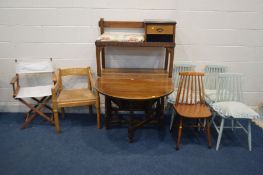 AN OAK TELEPHONE SEAT/TABLE, along with a beech rush seated armchair, director's chair, four spindle