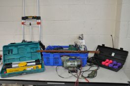 A TRAY CONTAINING MODELLING TOOLS AND TWO RC CONTROLLERS including a Proxxon FBS 240E mini drill,