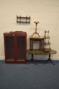 A QUANTITY OF MAHOGANY FURNITURE to include a glazed two door bookcase, leather topped twin pedestal