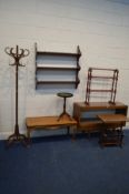 A BENTWOOD STYLE BEECH HAT STAND, height 182cm, along with a mahogany plate rack, coffee table,