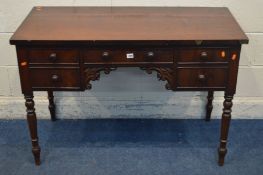 A VICTORIAN MAHOGANY DESK with four assorted drawers, on turned legs, width 116cm x depth 55cm x