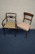 A REGENCY MAHOGANY SABRE LEG ELBOW CHAIR with a foliate and rope back, and another Regency chair (