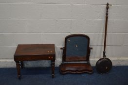 A VICTORIAN MAHOGANY BIDET, along with a Victorian mahogany toilet mirror and a warming pan (3)