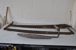 THREE VINTAGE TOOLS including two 2 handed crosscut saws and a Hay harvesting tool (3)