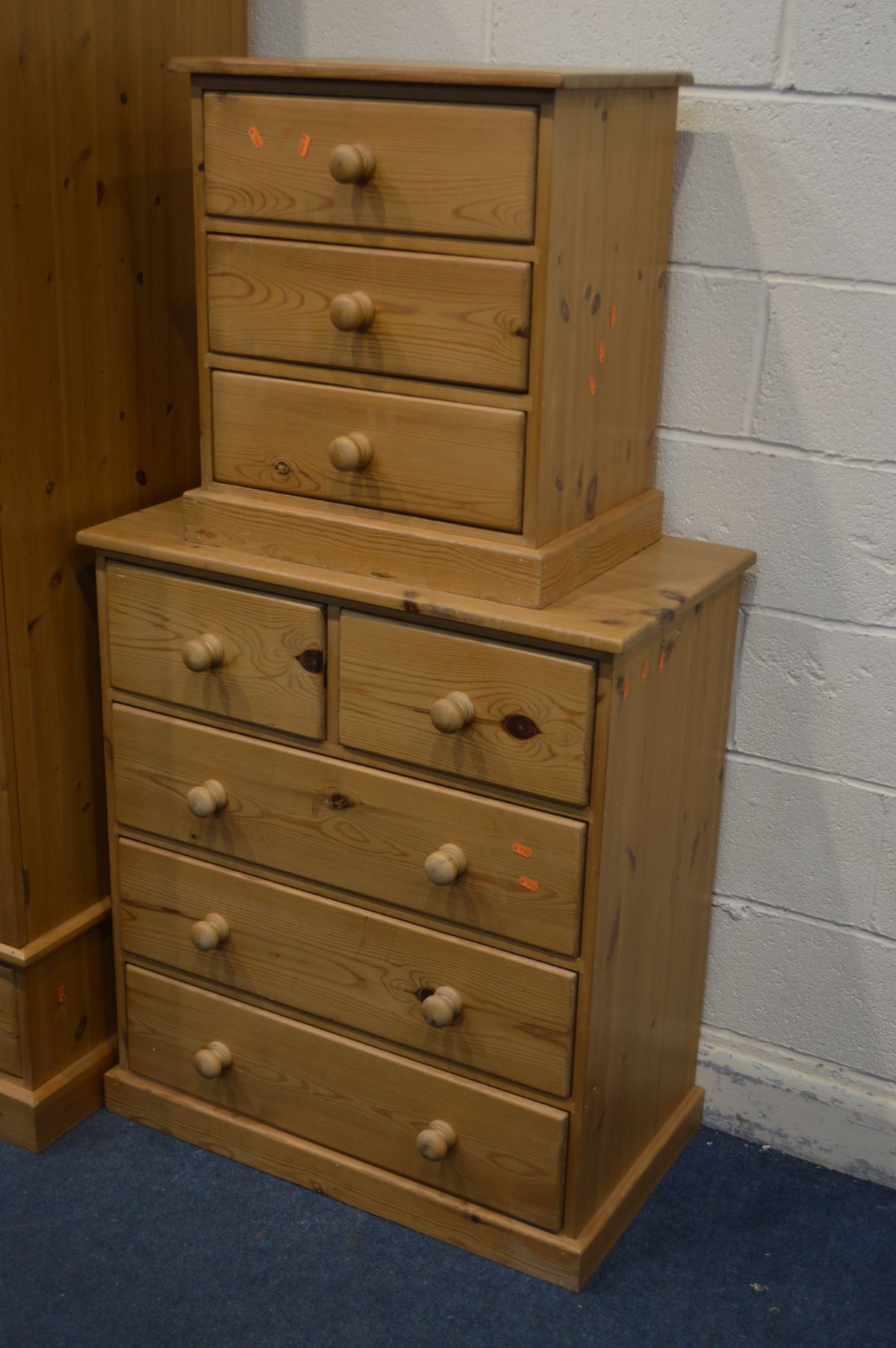 A PINE DOUBLE DOOR WARDROBE, width 89cm x depth 61cm x height 190cm, and a chest of two over three - Image 2 of 3