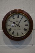 SHAW, WELLINGTON, A VICTORIAN MAHOGANY CIRCULAR WALL CLOCK, white dial with roman numerals, diameter