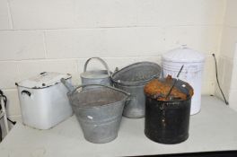 A COLLECTION OF VINTAGE GALVANISED BUCKETS, a watering can, an enamel Bread Bin and two modern