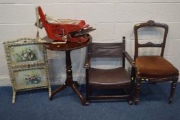 A VINTAGE THE AERO SEED SOWER, mahogany tripod table, stained mahogany open armchair, folding two