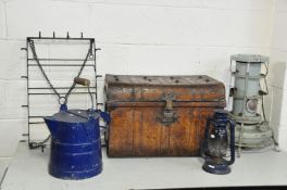 A VINTAGE METAL TRUNK 62cm wide, 43cm deep and 43cm high, an Aladdin Greenhouse heater, a modern