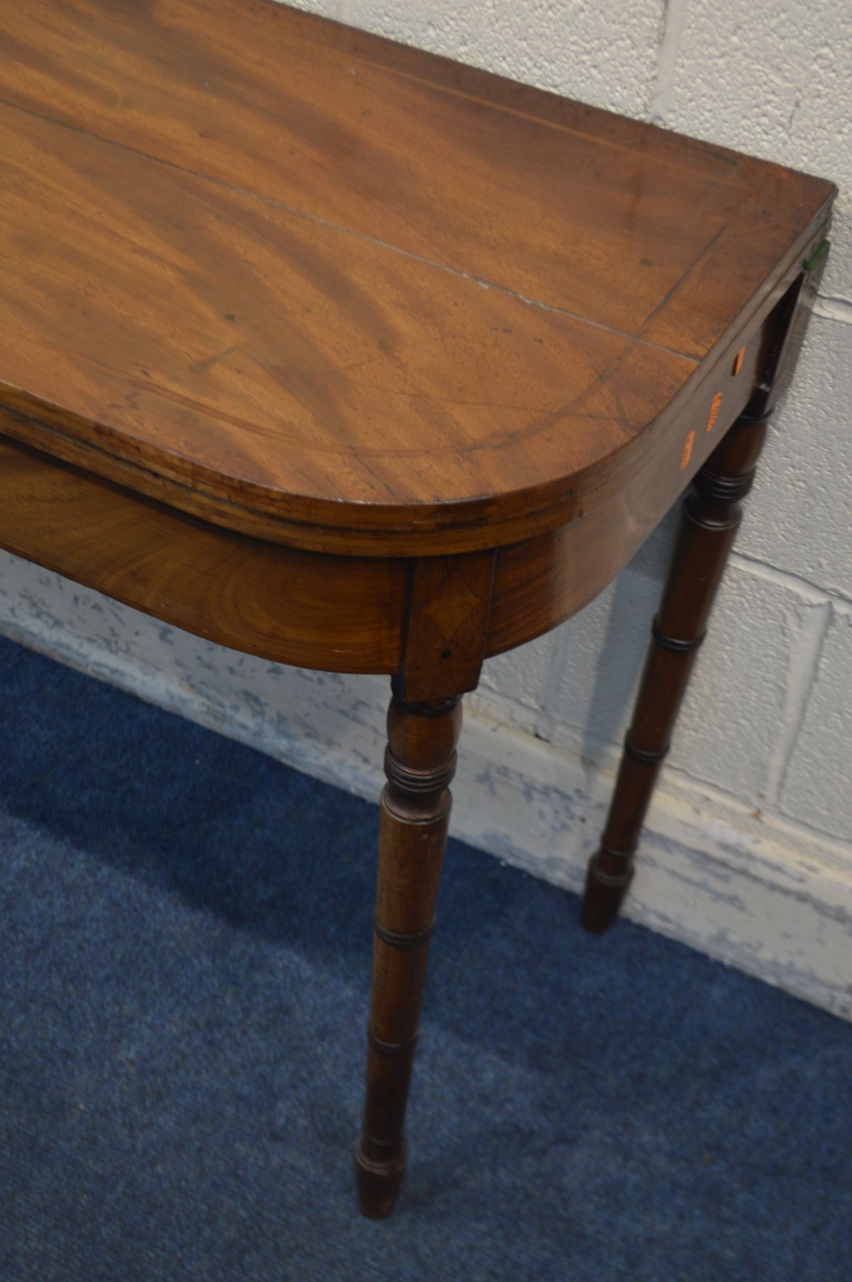 A GEORGIAN MAHOGANY CARD TABLE, the fold over top with a green baize lining, on turned legs, width - Image 2 of 6