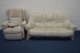 A CREAM LEATHER AND WOODEN FRAMED THREE SEATER SETTEE, and an electric rise and recline armchair (Sd