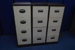 THREE METAL FOUR DRAWER FILING CABINETS, two with individual stop locks, including a Royale and