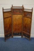 AN ORIENTAL TRIPLE FOLD FLOORSTANDING SCREEN, with leather hide cross patterned panels and