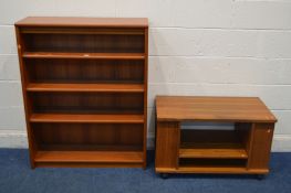 A MID TO LATE 20TH CENTURY COFFEE TABLE, with an assortment of shelves, on casters, length 85cm x