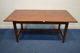 A 20TH CENTURY HAND- BUILT YEWWOOD TRIPLE PLANK TOP REFECTORY TABLE, on square tapering legs