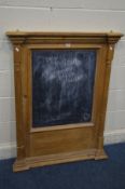 A PINE WALL HANGING CHALK BOARD, width 89cm x height 113cm