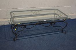 A METAL AND GLASS TOPPED COFFEE TABLE, length 122cm x depth 66cm x height 40cm