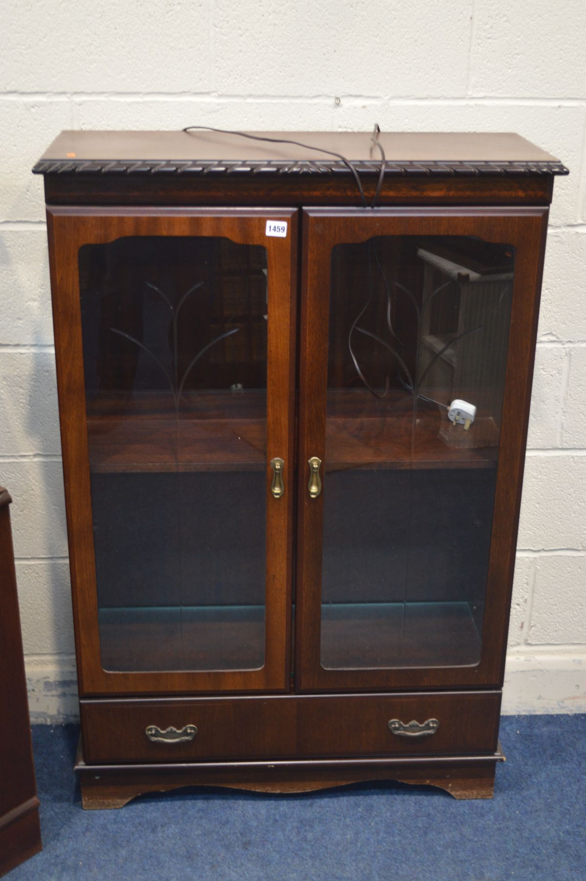 A MODERN MAHOGANY GLAZED DOUBLE DOOR BOOKCASE, along with a corner cupboard and a glass topped - Image 2 of 4