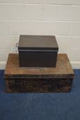 A DISTRESSED TIN TRUNK and a deed box (2)