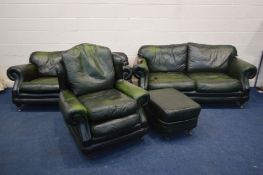 A THOMAS LLOYD GREEN LEATHER FOUR PIECE LOUNGE SUITE, comprising two two seater settee's, length